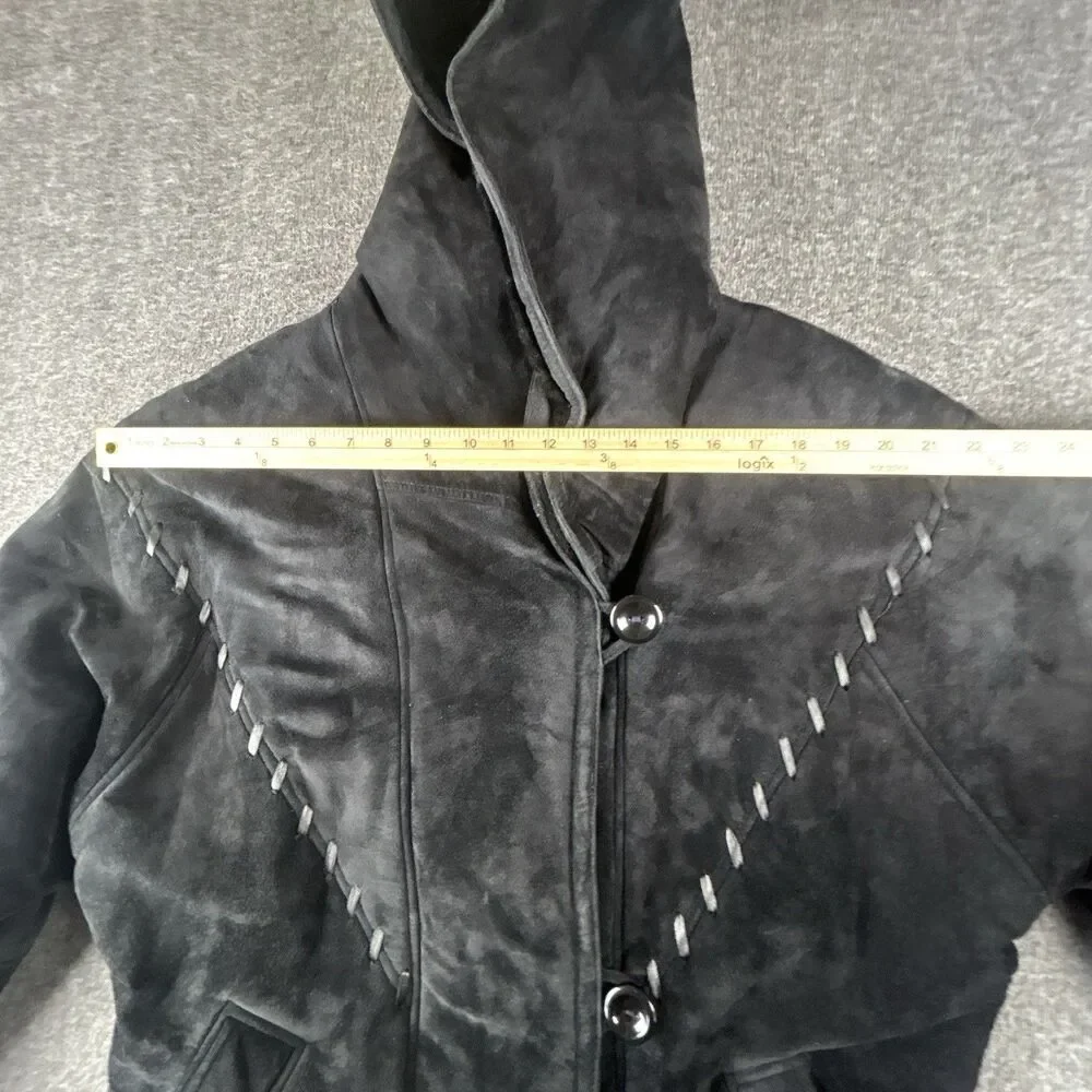 Gallery Genuine Suede Leather Coat Womens Sz M Black Faux Fur Lining & Trim Warm - Picture 9 of 12
